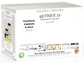 Large white wash wood finish kit by Retique It® with smooth application, includes brushes and tools in the image.