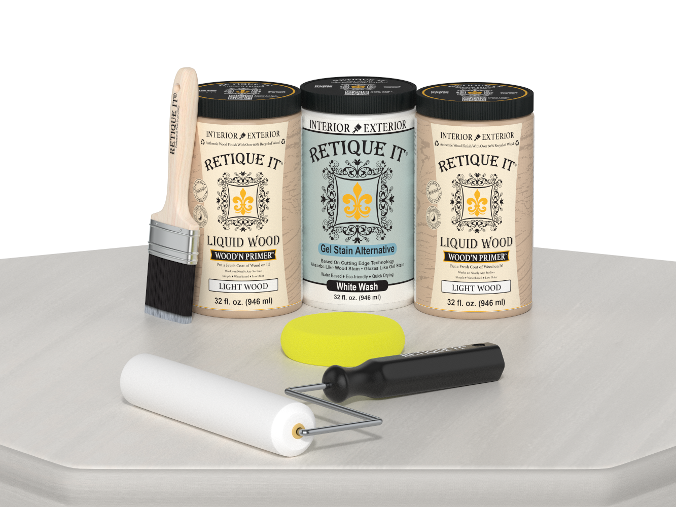 Retique It® Wood'n Cabinet Kit with 24 white wash stained, smooth cabinet doors and table surface for DIY furniture projects.