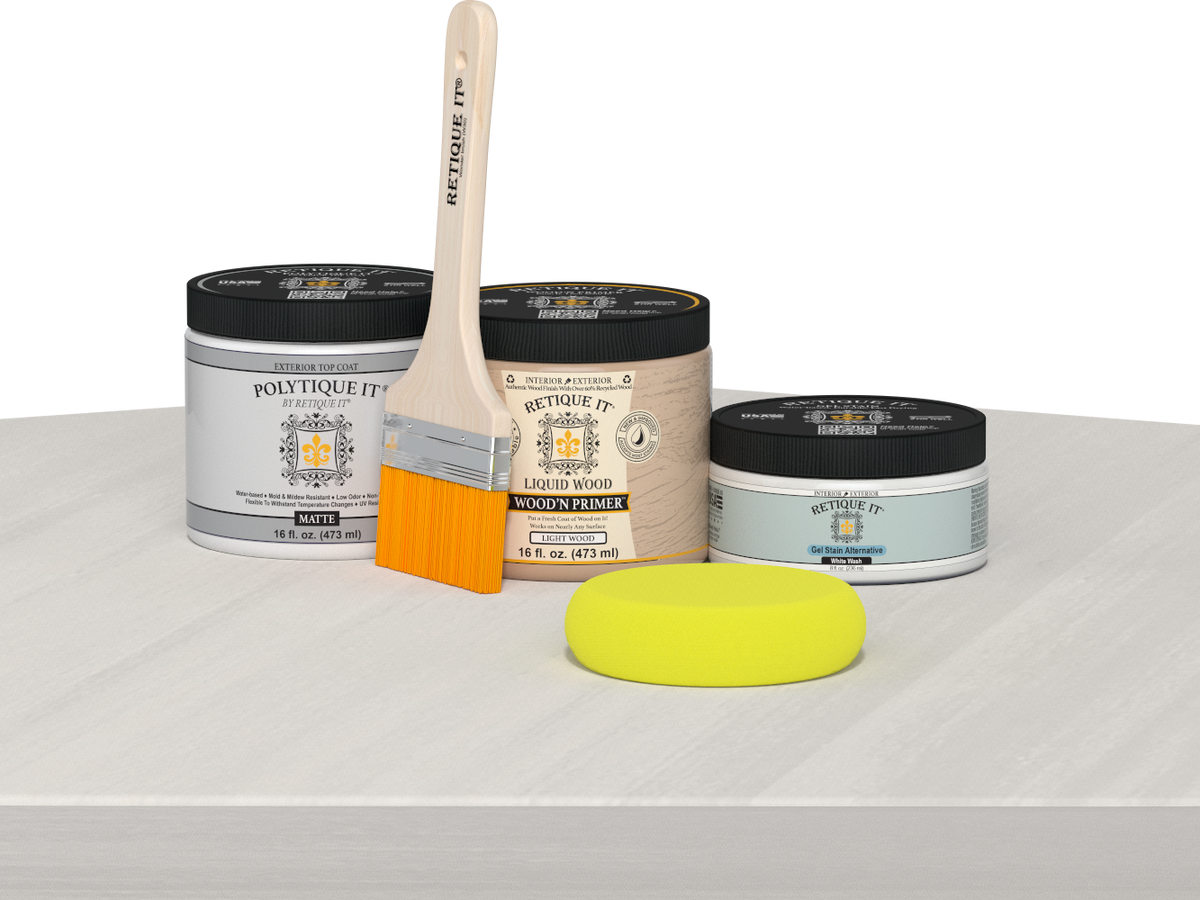 Retique It® Wood'n Finish Kits Multi-purpose Smooth Finish Kit in White Wash for exterior wood projects, matte top coat application.