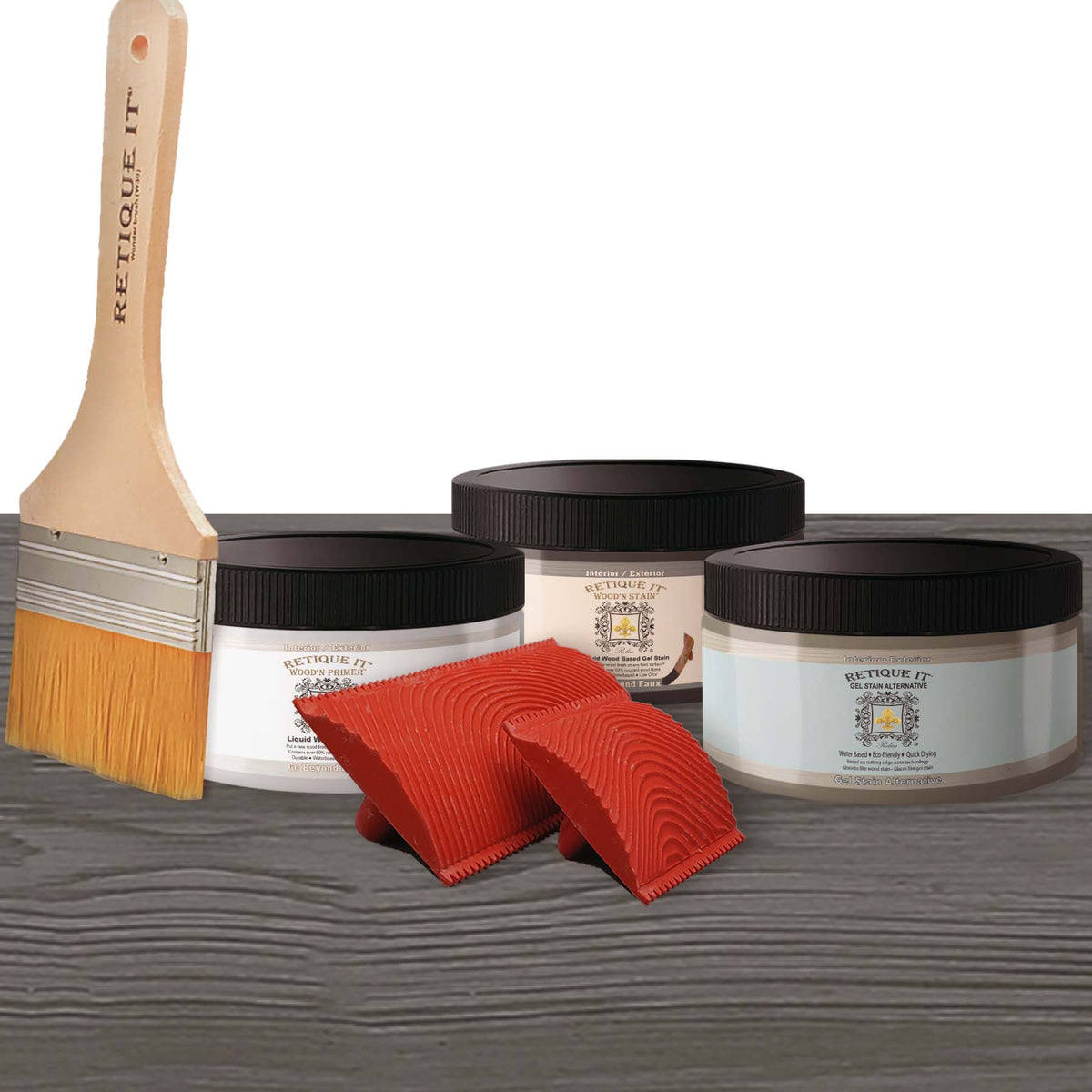 Retique It Fireplace Mantel Wood'n Finish Kit in Harbor Gray stain with gel application, showing textured wood surface and finish details.