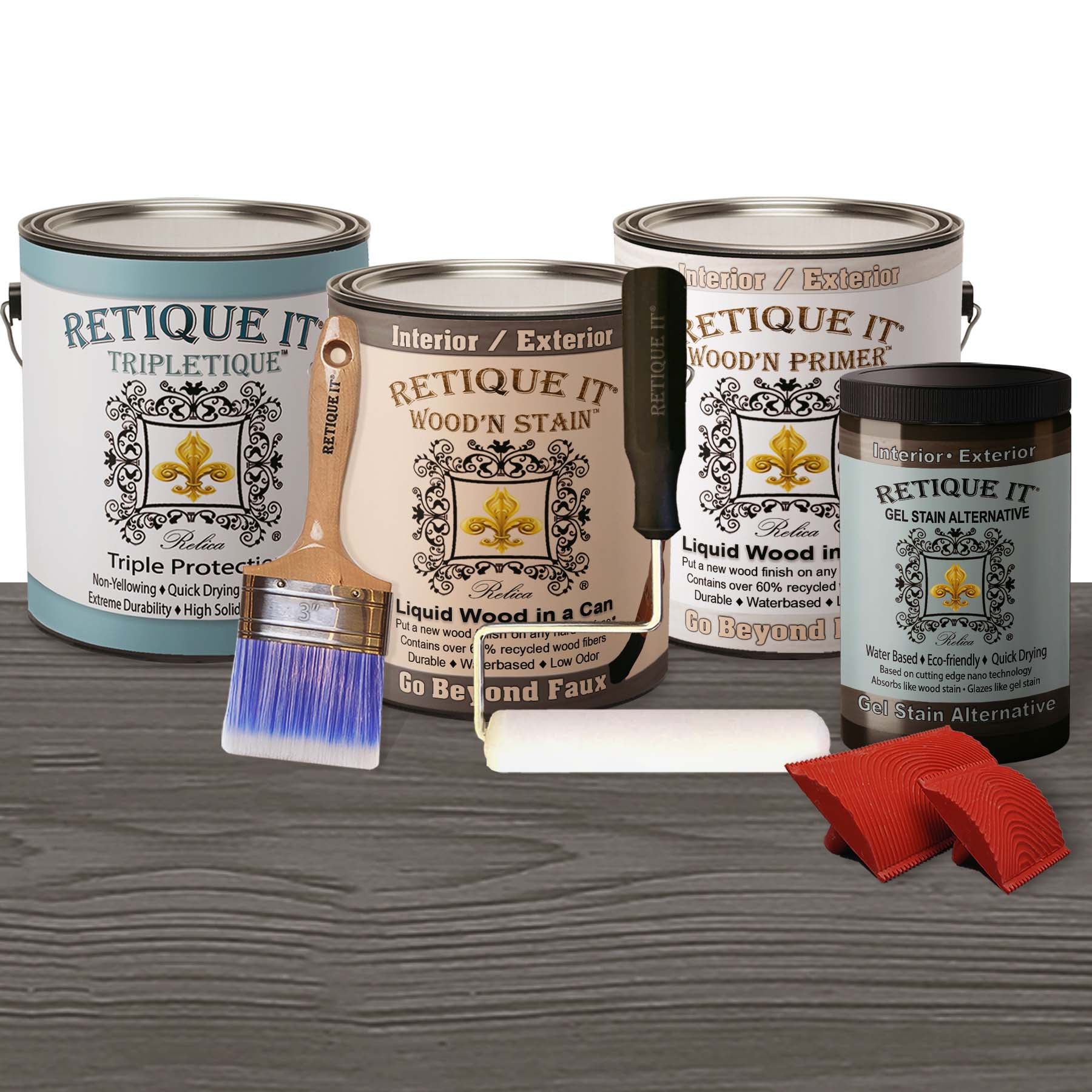 Retique It Wood'n Finish Kit in Harbor Gray, 4-piece interior top coat set with gel and primer for wood projects.