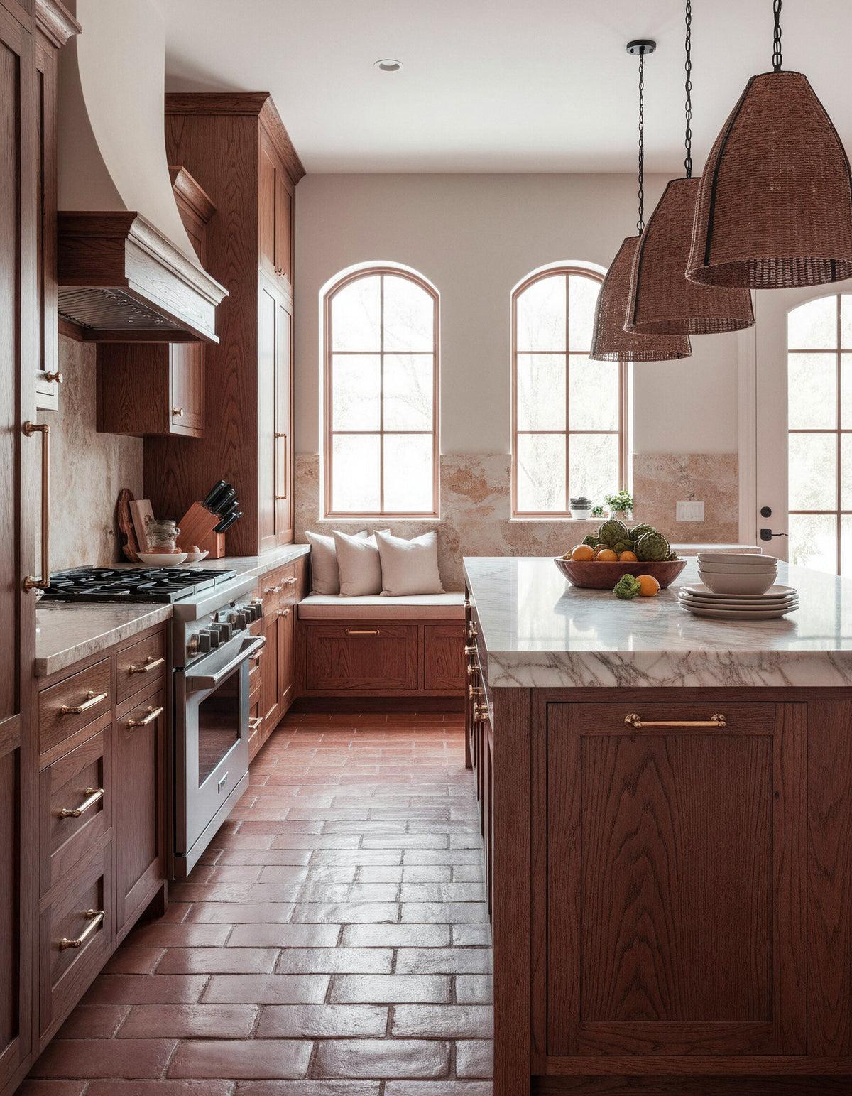 Retique It Wood'n Finish Kit Large in Vintage Cherry, with dark oak rustic kitchen cabinets and exterior top coat application.