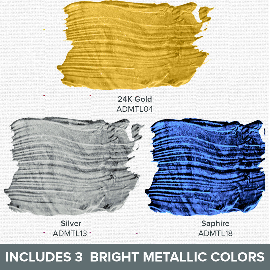 DecoArt Metallics 3-Color Set featuring vibrant metallic paint bottles with colorful caps and labels for craft projects.