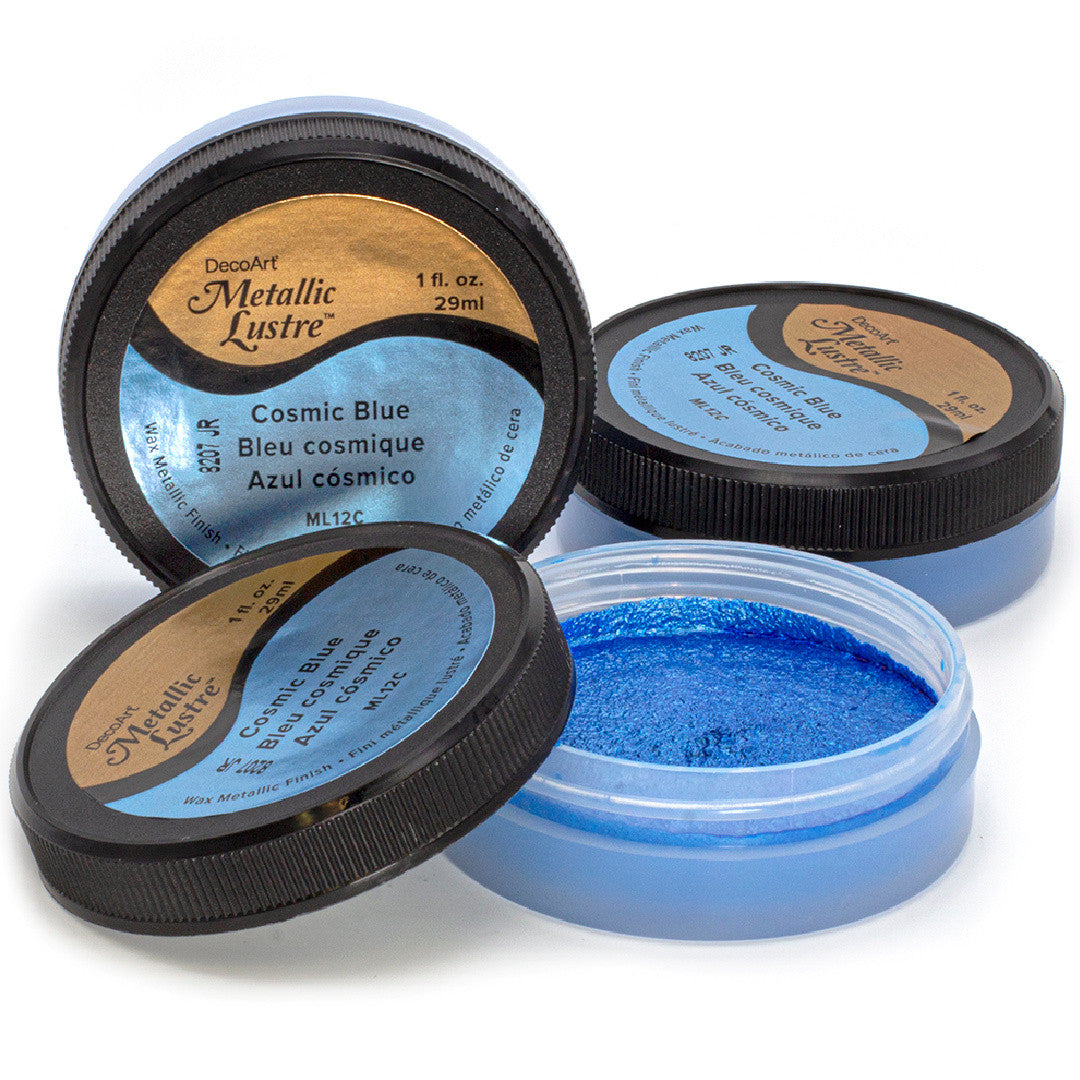 Three metallic lustre paints in Cosmic Blue by DecoArt, showcased in their 3-pack packaging.