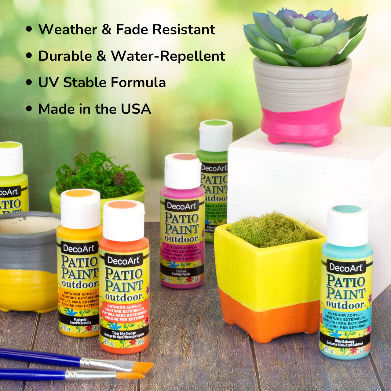 DecoArt Pastel Patio Paint Outdoor Paint Set with 24 vibrant pastel colors for outdoor furniture and surfaces.