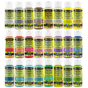 DecoArt Pastel Patio Paint outdoor paint set with 24 vibrant pastel colors for outdoor furniture and surfaces.