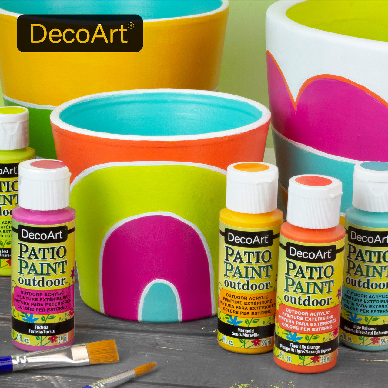 DecoArt Pastel Patio Paint Outdoor Paint Set with 24 vibrant pastel colors for outdoor decorating projects.