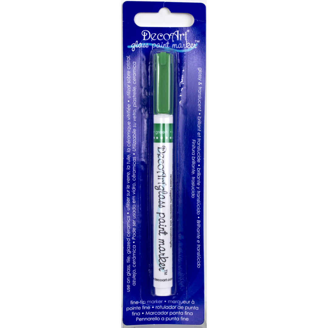 Fuchsia transparent glass paint markers by DecoArt, featuring fine tip for detailed glass decorating and craft projects.