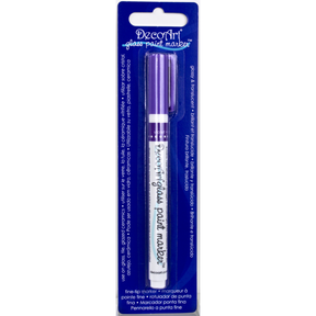DecoArt transparent glass paint markers in fuchsia, with fine tips for detailed artwork on glass surfaces.