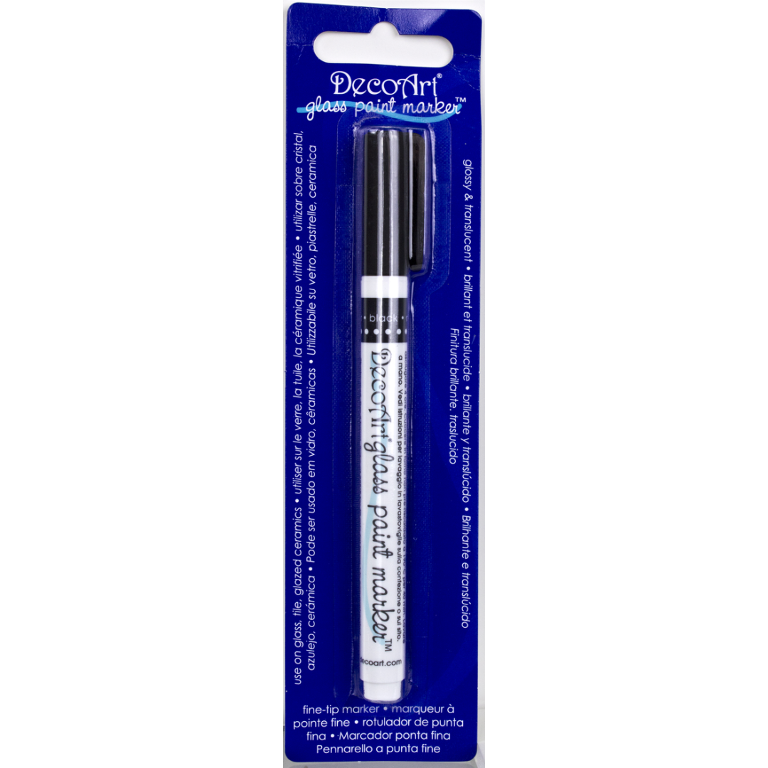Fuchsia DecoArt transparent glass paint markers with fine tips for decorating and writing on glass surfaces.