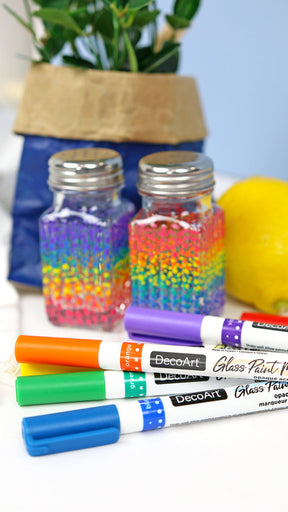 DecoArt glass paint marker set with six colorful markers for decorating glass surfaces and creating vibrant designs.