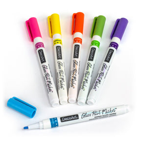 DecoArt glass paint marker set with six colorful markers for decorating glass surfaces and creating vibrant designs.