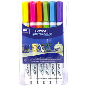 DecoArt glass paint marker set with six colorful markers on a white background for decorating glass surfaces.