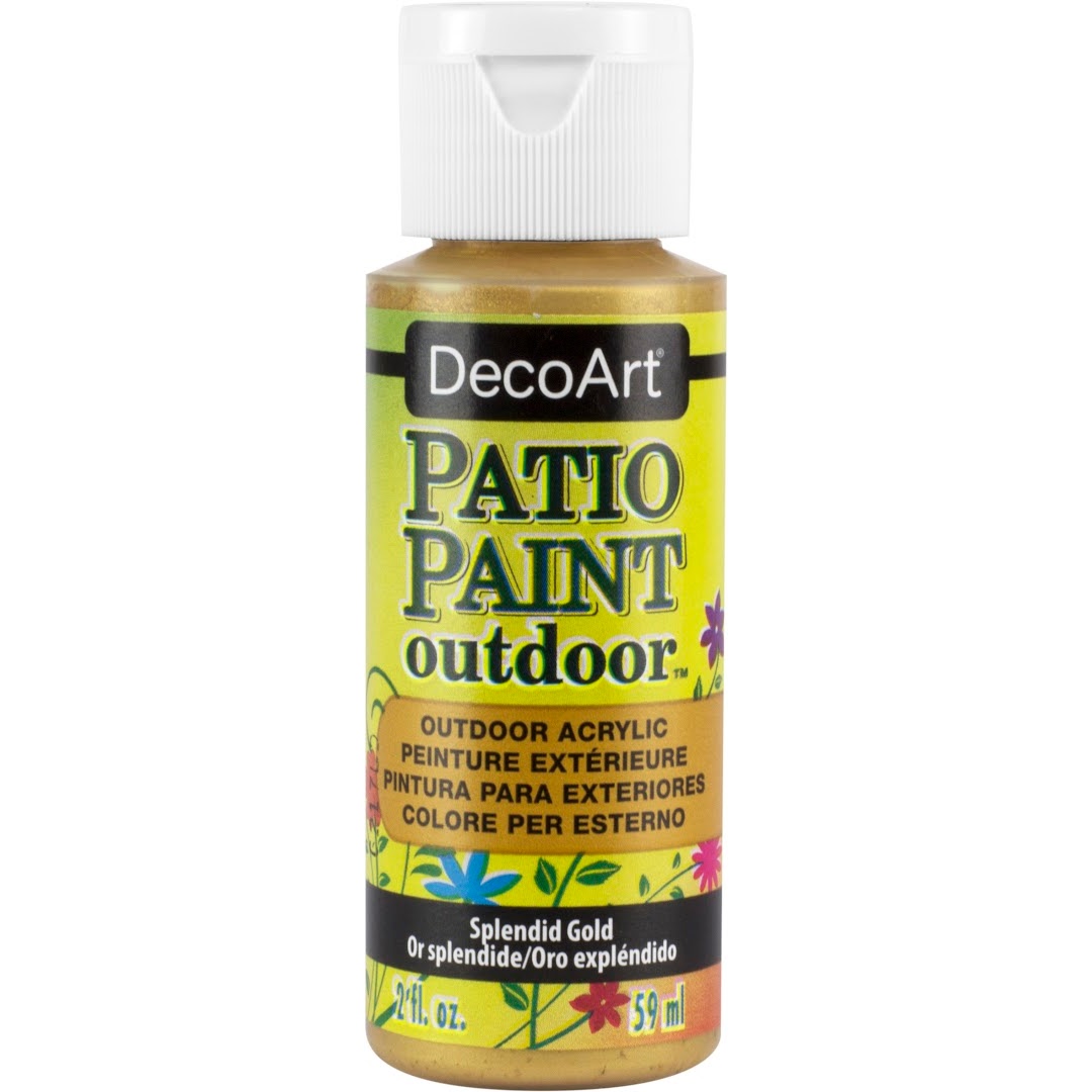 DecoArt Patio Paint outdoor acrylics in Glorious Gold metallic color, 2 oz bottle with metallic finish on a painted surface.