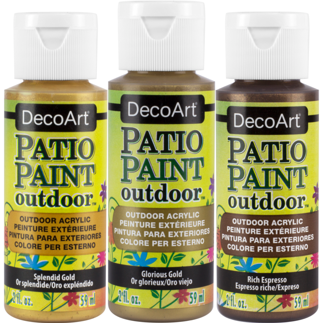 DecoArt Patio Paint outdoor acrylics in Glorious Gold metallic finish, 2 oz bottle, suitable for outdoor craft projects