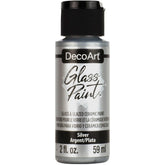 DecoArt Glass Paint Metallics in gold, 2 oz bottle, showcasing shimmering metallic finish on glass surface.