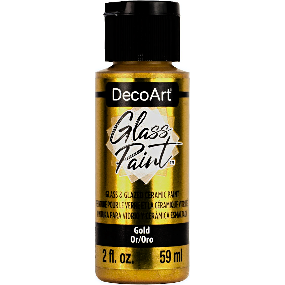 DecoArt Glass Paint Metallics in gold, 2 oz bottle, vibrant metallic finish for glass crafting and decorating projects