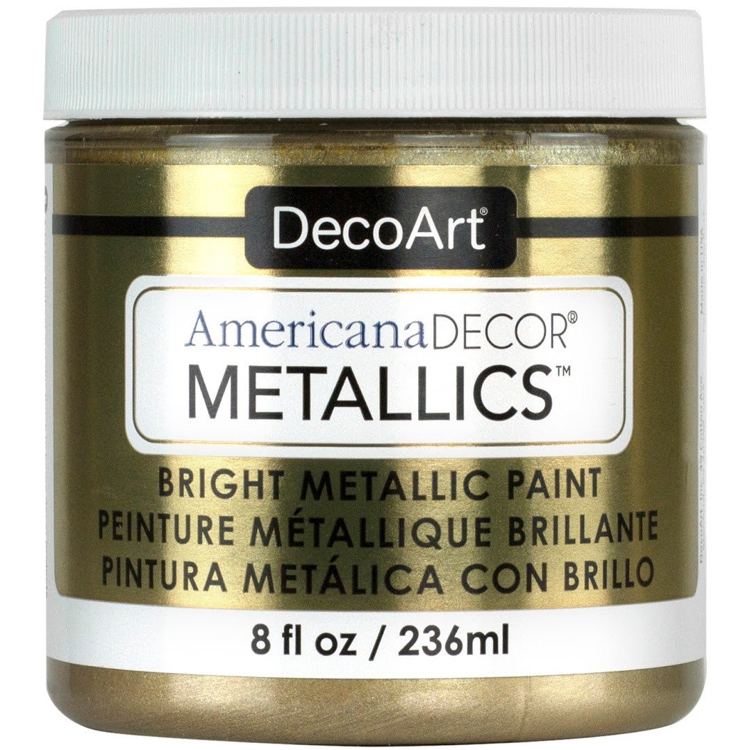 DecoArt Americana Decor Metallics pearl paint in an 8 oz bottle, showcasing a shimmering metallic finish for home decor projects.