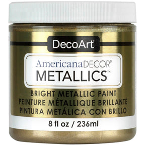 DecoArt Americana Decor Metallics pearl paint in an 8 oz bottle, showcasing a shimmering metallic finish for home decor projects.