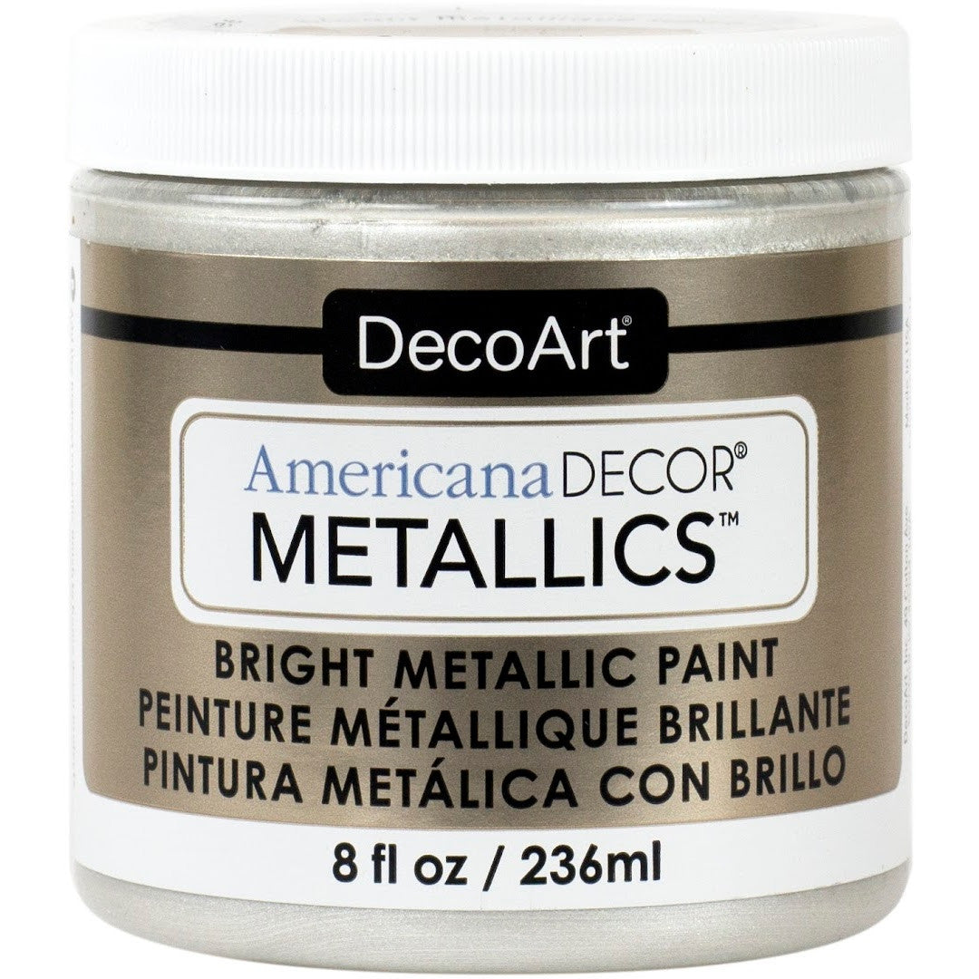 DecoArt Americana Decor Metallics pearl acrylic paint bottle, 8 oz, featuring a metallic finish for crafting and decorating projects.