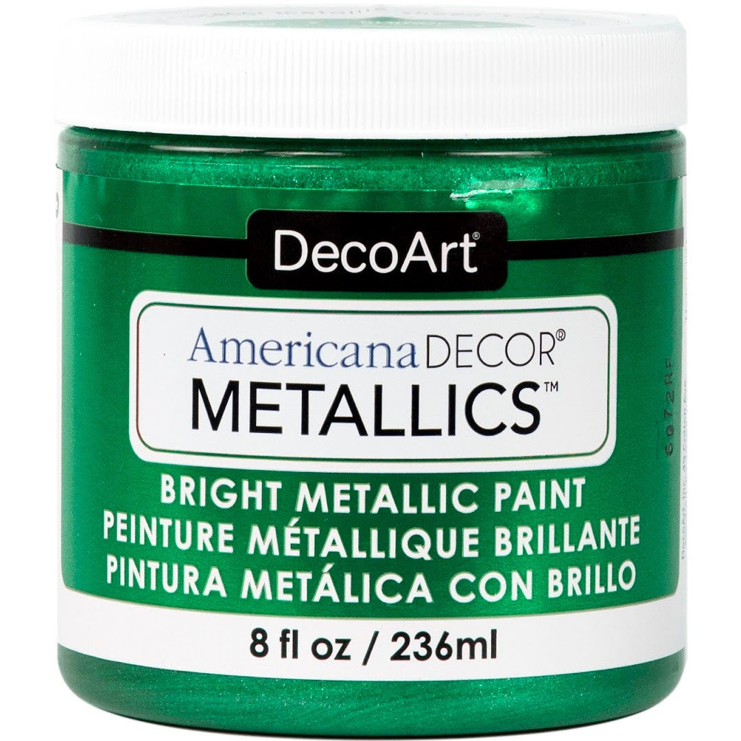 DecoArt Americana Decor Metallics pearl finish in an 8 oz bottle, showcasing a shiny, metallic pearl paint for crafting and decorating.