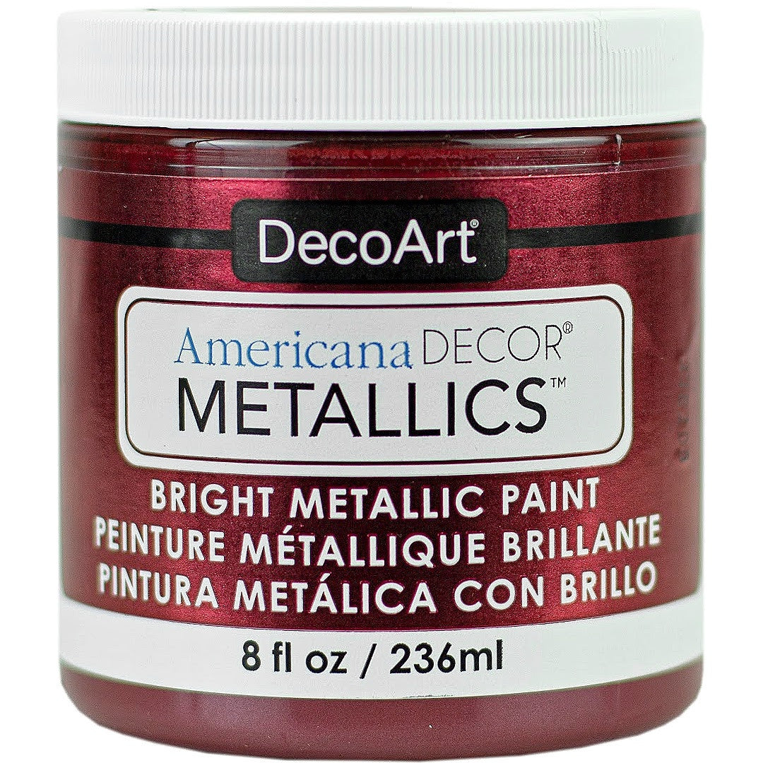 8 oz bottle of DecoArt Americana Decor Metallics Pearl acrylic paint in a metallic finish, shown in a clear container.