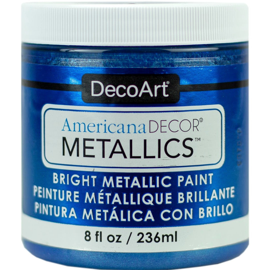 DecoArt Americana Decor Metallics pearl paint in 8 oz jar with metallic finish, suitable for craft and home decor projects.