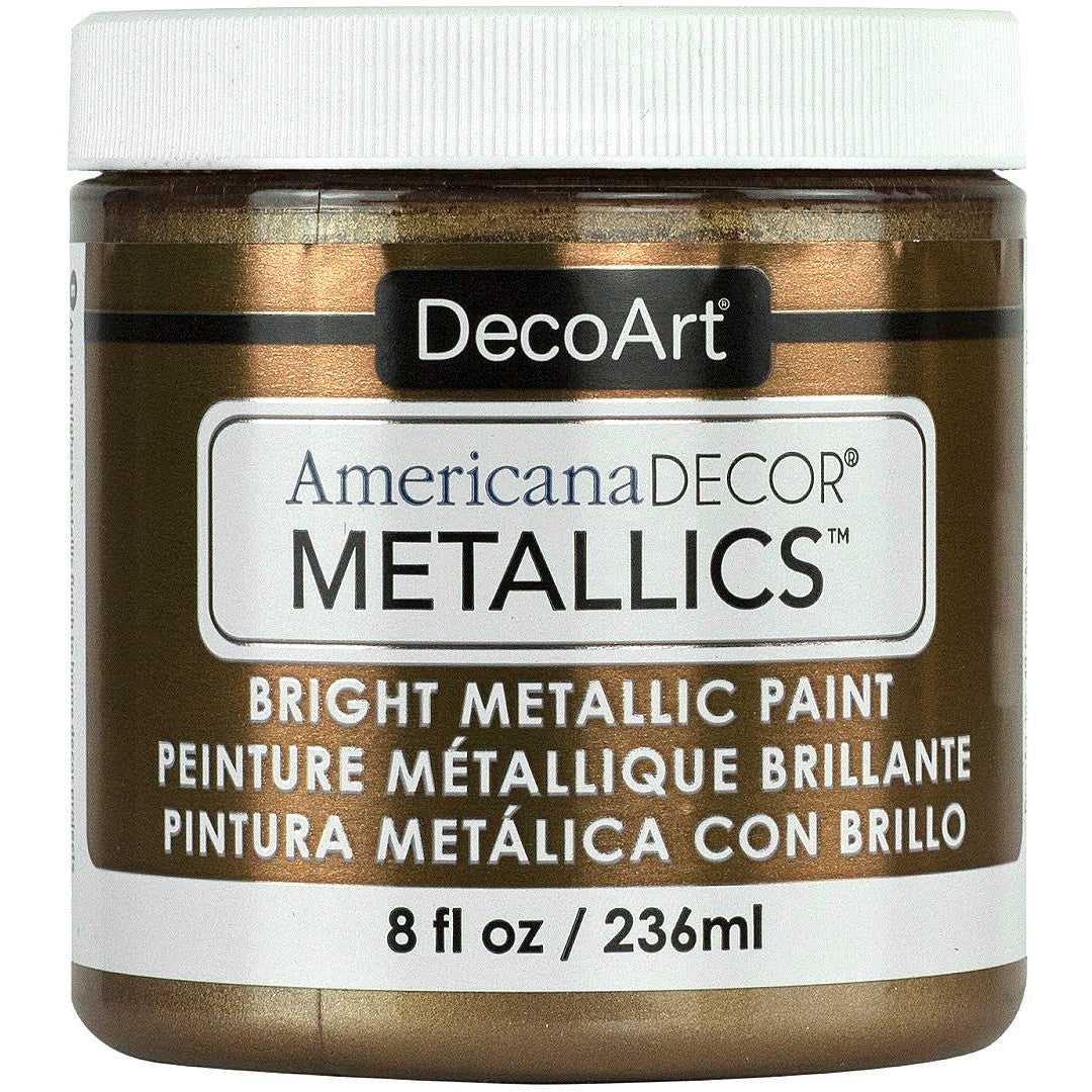 8 oz bottle of DecoArt Americana Decor Metallics Pearl paint with metallic finish and smooth consistency.