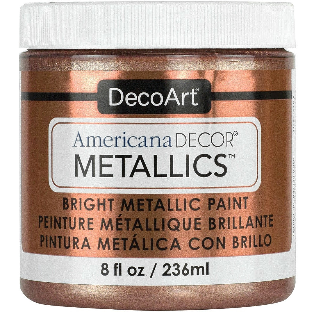 DecoArt Americana Decor Metallics in pearl finish, 8 oz bottle, showcasing metallic paint with a shiny pearl appearance.