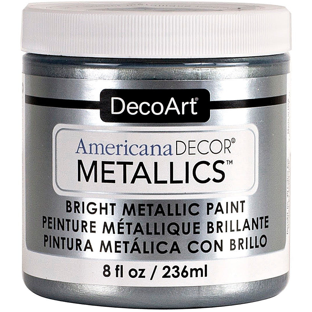 8 oz bottle of DecoArt Americana Decor Metallics Pearl paint with metallic finish and smooth application.