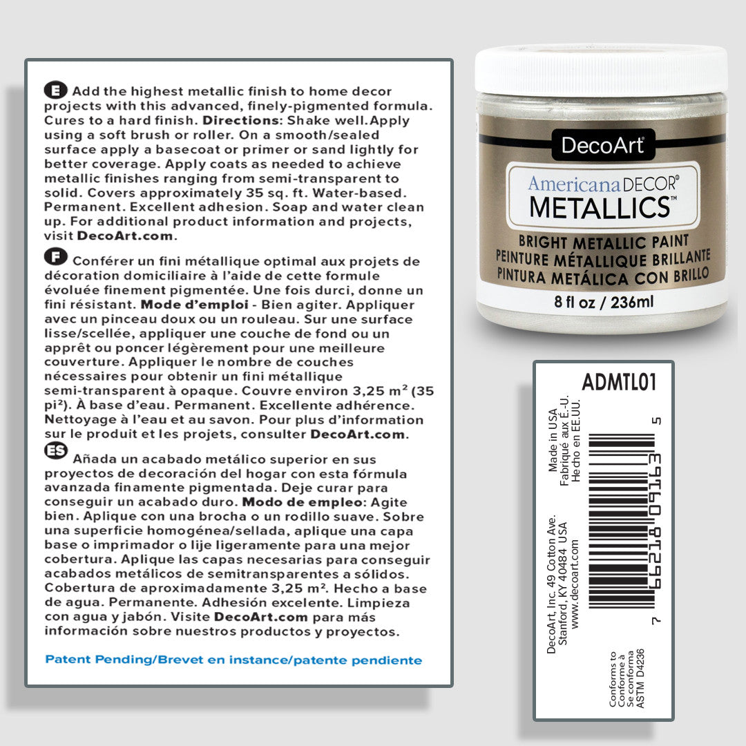 8 oz bottle of DecoArt Americana Decor Metallics Pearl paint with metallic finish for crafts and home decor projects