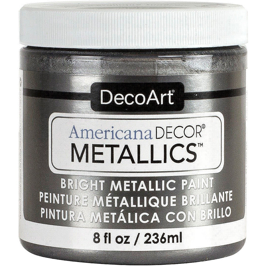 8 oz bottle of DecoArt Americana Decor Metallics Pearl acrylic paint, showcasing a shimmering metallic finish.