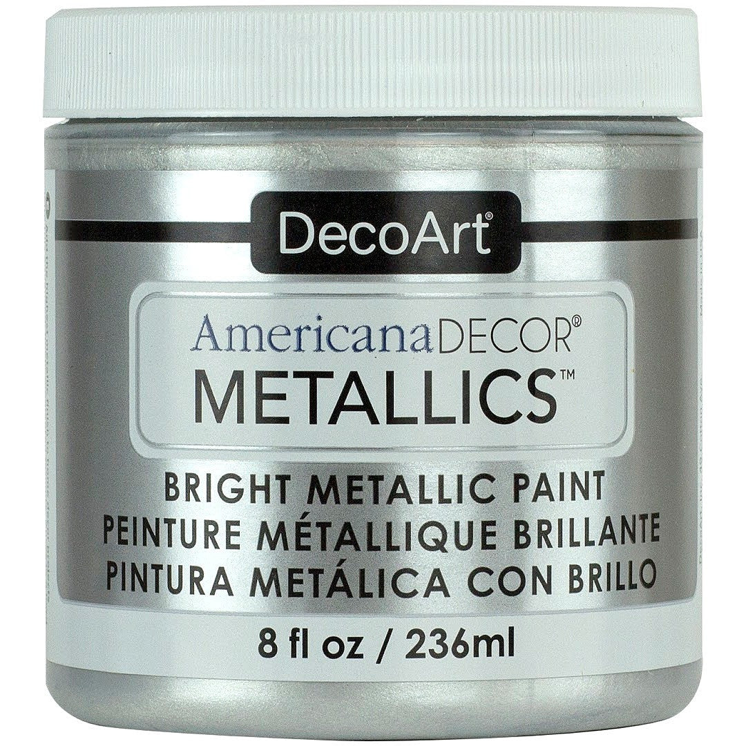 DecoArt Americana Decor Metallics pearl finish in 8 oz bottle, featuring a shiny metallic paint suitable for craft and home decor projects.