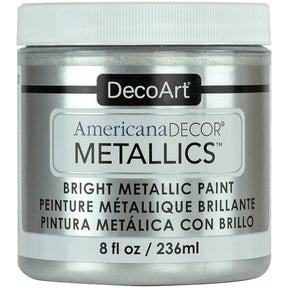 DecoArt Americana Decor Metallics pearl finish in 8 oz bottle, featuring a shiny metallic paint suitable for craft and home decor projects.