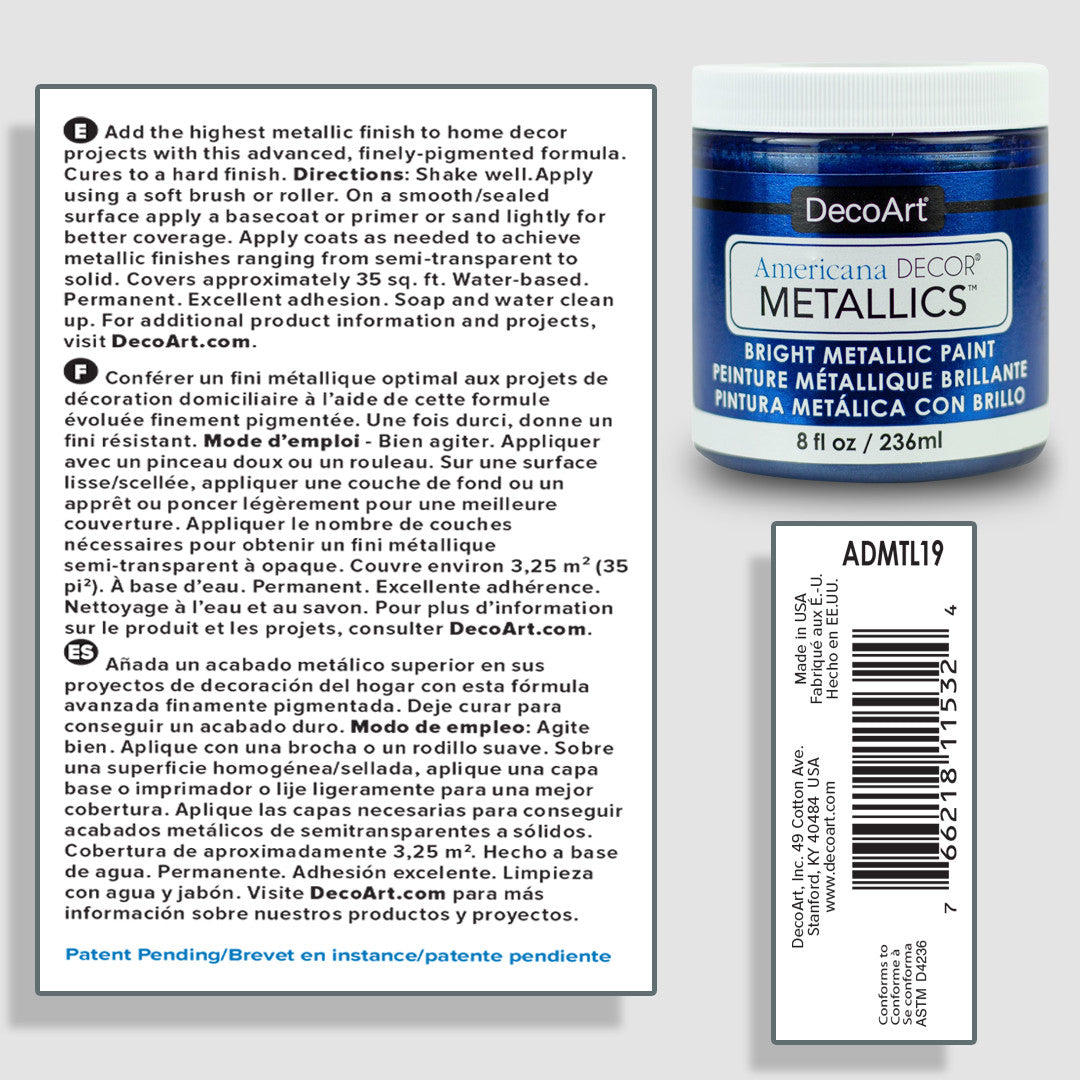 DecoArt Americana Decor Metallics pearl finish paint in an 8 oz bottle with a metallic, iridescent appearance.