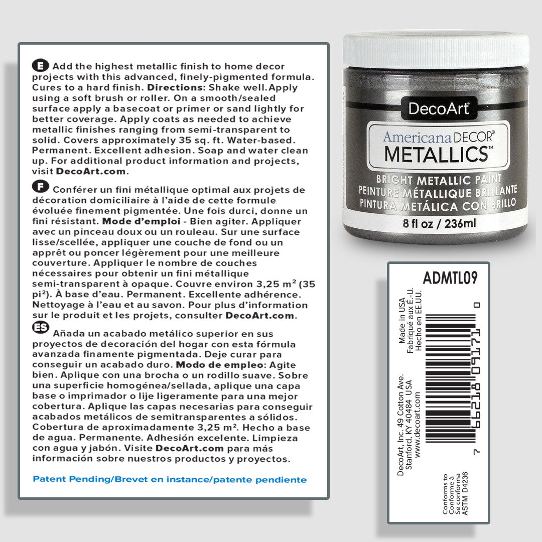 8 oz jar of DecoArt Americana Decor Metallics Pearl paint featuring a shiny, metallic finish for craft and home decorating projects.