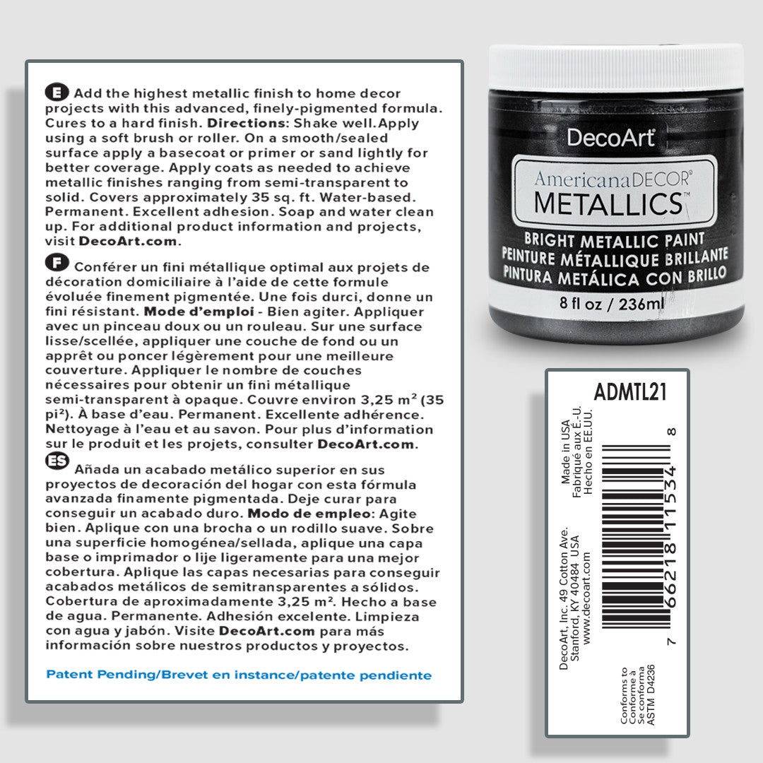 8 oz DecoArt Americana Decor Metallics pearl paint jar with metallic finish, shown with the label and product packaging.
