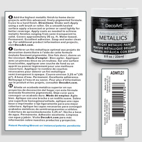 8 oz DecoArt Americana Decor Metallics pearl paint jar with metallic finish, shown with the label and product packaging.