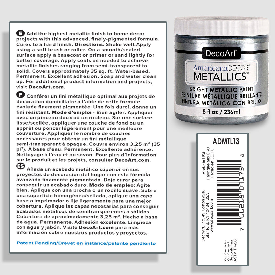 DecoArt Americana Decor Metallics pearl finish in an 8 oz bottle, showcasing a shimmering metallic paint for craft and DIY projects.