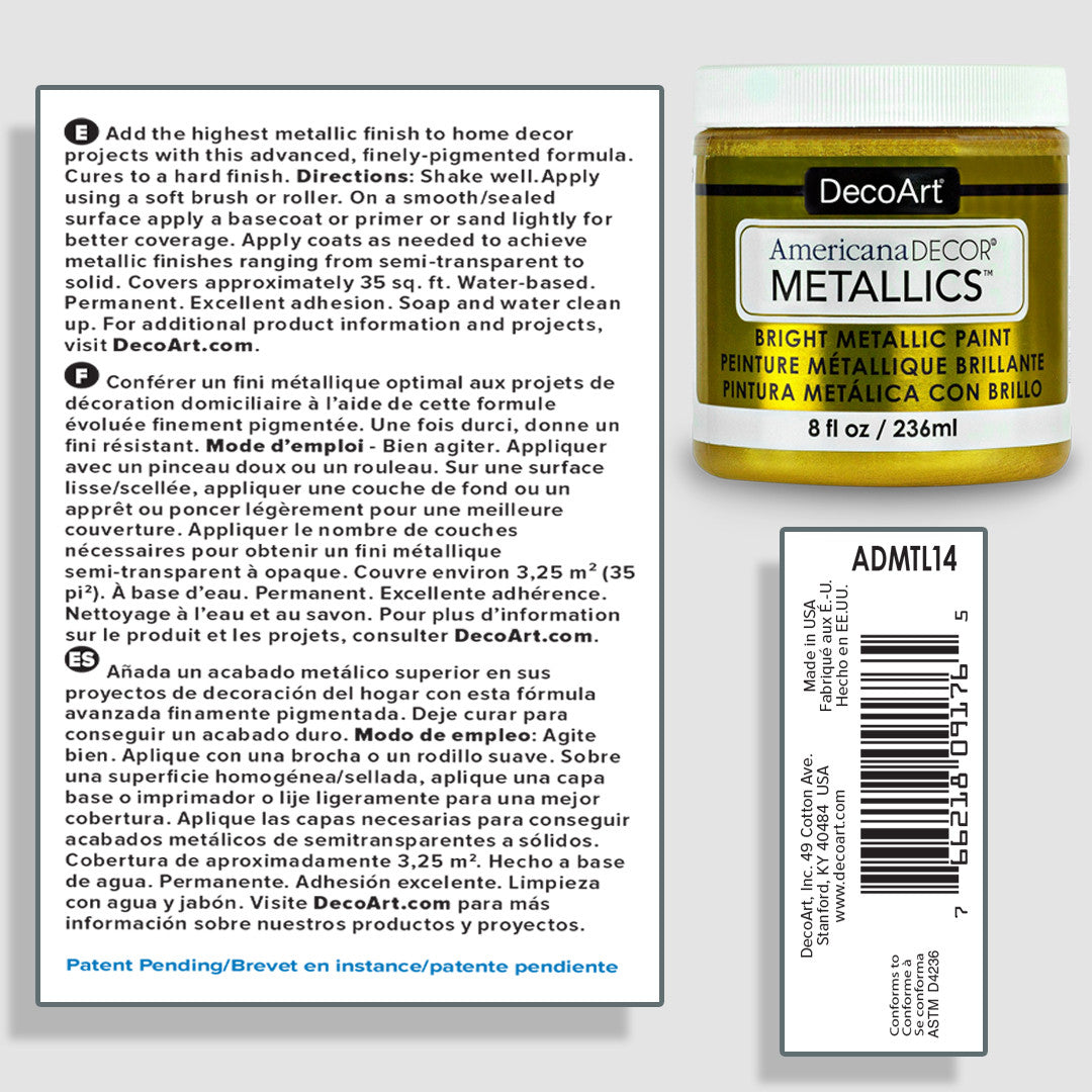 8 oz bottle of DecoArt Americana Decor Metallics Pearl paint with metallic finish, shown in a clear view of the product container.
