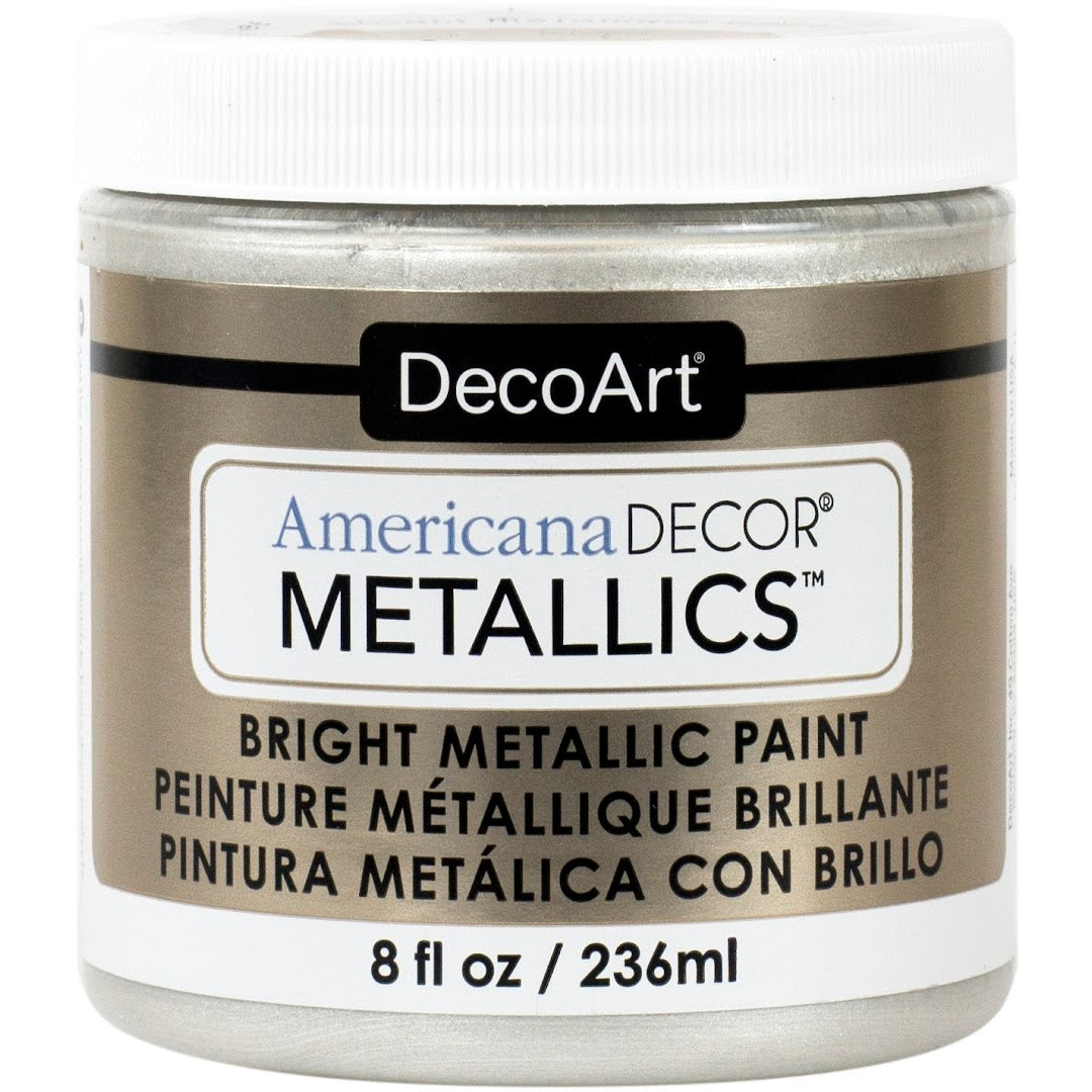 DecoArt Americana Decor Metallics pearl finish in an 8 oz bottle, showcasing a shiny, metallic paint ideal for crafts and home decor projects.