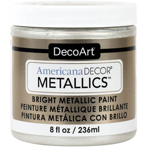 DecoArt Americana Decor Metallics pearl finish in an 8 oz bottle, showcasing a shiny, metallic paint ideal for crafts and home decor projects.
