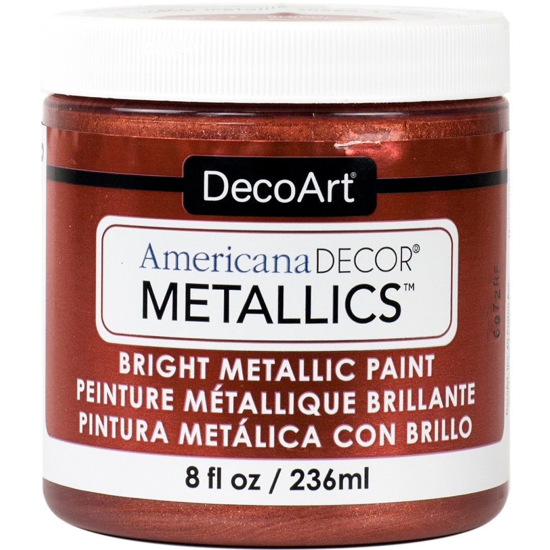 8 oz bottle of DecoArt Americana Decor Metallics in pearl finish, showcasing a shiny, metallic paint suitable for crafts and home decor.
