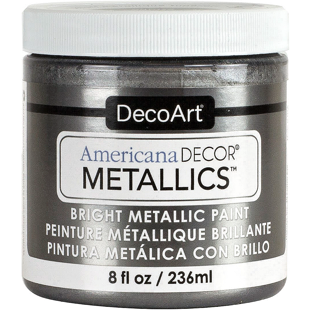 DecoArt Americana Decor Metallics pearl acrylic paint in 8 oz container with metallic finish and glossy appearance.
