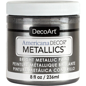 DecoArt Americana Decor Metallics pearl acrylic paint in 8 oz container with metallic finish and glossy appearance.
