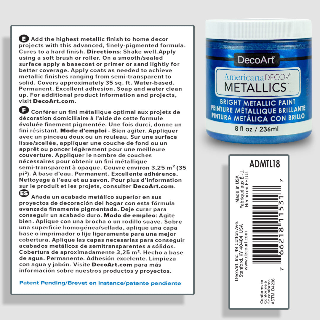 DecoArt Americana Decor Metallics pearl finish in an 8 oz bottle with metallic, pearl-like paint suitable for craft and home decor projects.