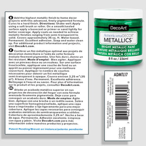 DecoArt Americana Decor Metallics pearl finish in an 8 oz bottle, showcasing shiny, metallic paint suitable for crafts and home decor.