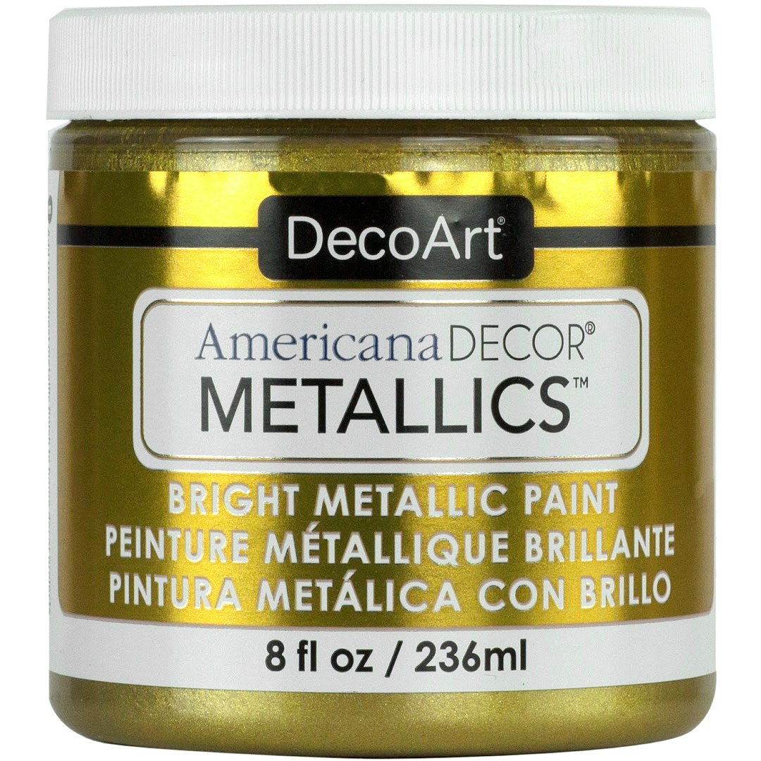 DecoArt Americana Decor Metallics pearl finish in an 8 oz bottle, showcasing a shiny, metallic silver paint for craft and home decor projects.