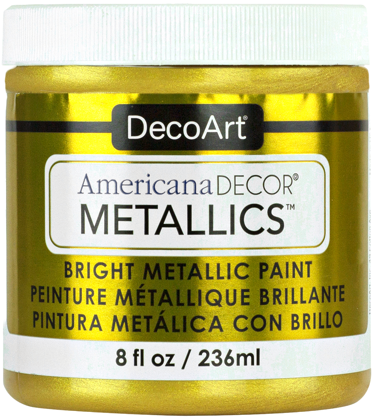 DecoArt Americana Decor Metallics pearl finish in an 8 oz bottle, showcasing a shiny, metallic paint suitable for craft and home decor projects.