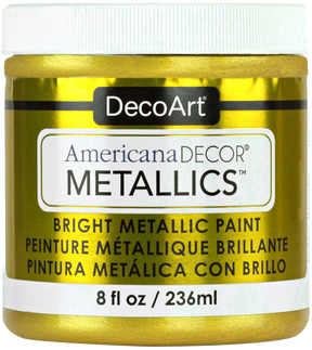 DecoArt Americana Decor Metallics pearl finish in an 8 oz bottle, showcasing a shiny, metallic paint suitable for craft and home decor projects.